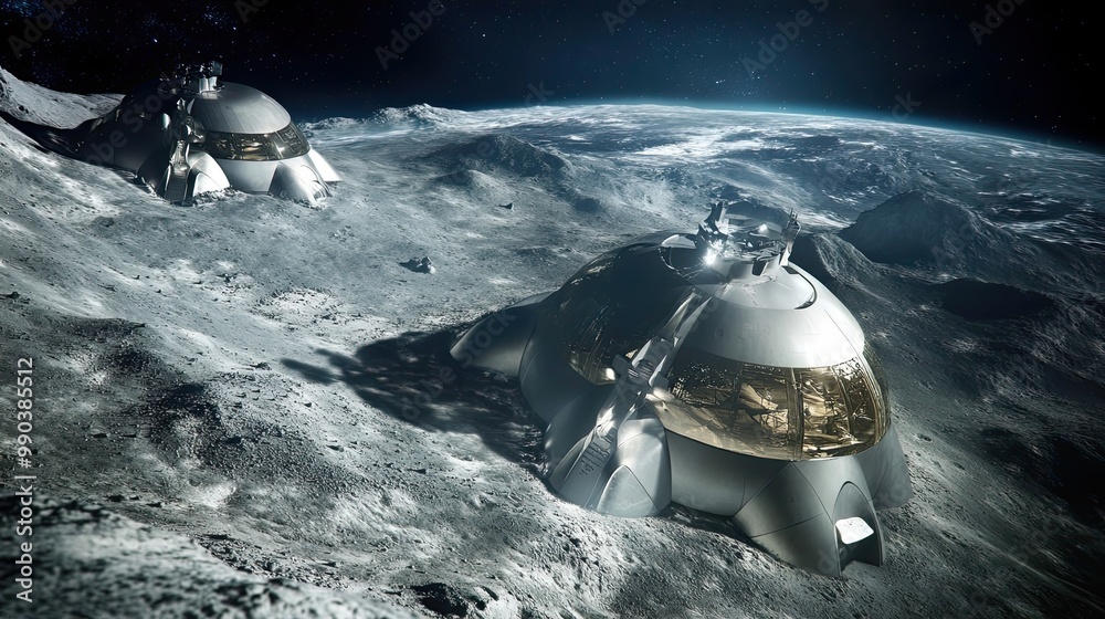 Canvas Prints two futuristic spaceships landed on a moon-like surface