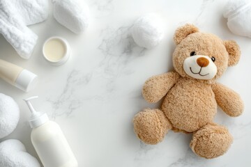Plush toys and baby skincare products arranged on a soft surface for a nurturing atmosphere