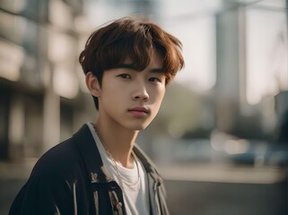 Good-looking Young Asian Man Looking at Camera with Trendy Hairstyle and Outfits Portrait with Bokeh City Background