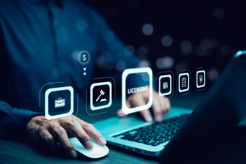 License under intellectual property law. patents and intellectual property protection law and rights Intellectual property symbol of copyright icon.