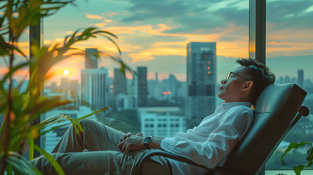 Life-work balance and city living lifestyle concept of business man relaxing, take it easy in office or hotel room resting with thoughtful mind thinking of life quality looking