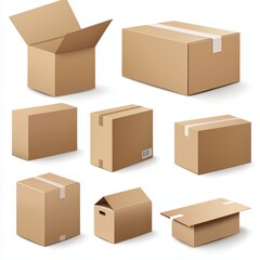 Fototapeta premium A detailed set of cardboard boxes, different sizes and shapes, realistic packaging illustration, isolated on white background