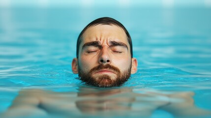 Calm Man Relaxing in Blue Pool Water