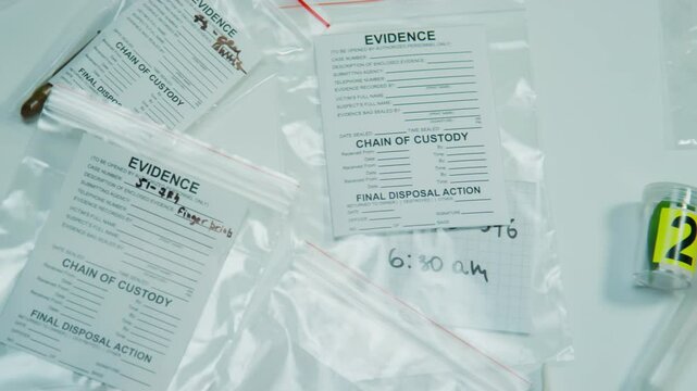 Close up view from above of physical evidence collected in sealed plastic bags, test tubes and containers on table in crime laboratory