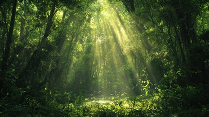 The captivating view of the dense forest shows towering trees, wild grass, and natural rocks scattered below. The sunlight penetrates the trees, creating a warm golden glow. Untouched natural scenery
