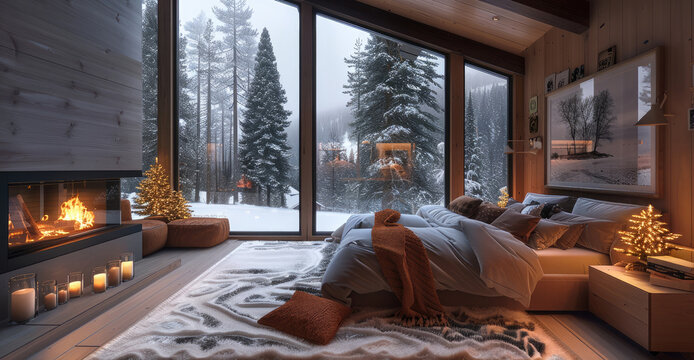 A double-height bedroom with a large, floor-to-ceiling window on one side log cabin. Outside is a dark snow-covered landscape. The bedroom area is furnished with fireplace.