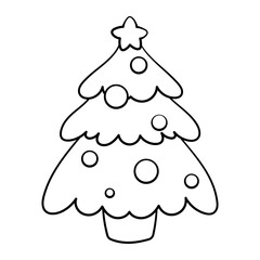 Christmas tree line art illustration, pine tree isolated on white background. For printable children's and adults coloring page or book, kids toddler activity.