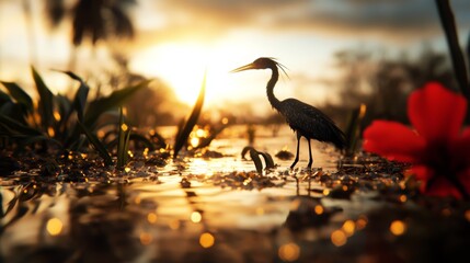 A flooded wetland, with displaced animals and plants struggling to survive