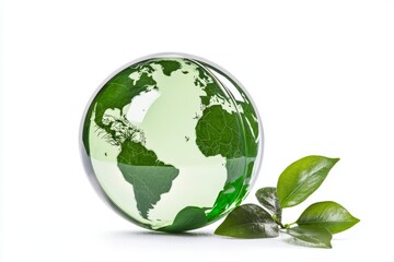 Obraz premium A glass globe with a green map of Africa and Europe, sprouting plants beside it, eco-friendly concept, photorealistic style, isolated on white background