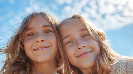 Fototapeta premium Lovable caucasian girls expressing positive emotions to camera. Outdoor photo of refined sisters posing on sky background