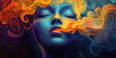 Obraz premium A woman's face, surrounded by swirling, colorful smoke and fire.