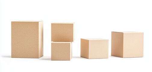 Obraz premium A group of five cardboard boxes in various sizes, minimalistic packaging design, clean and modern look, isolated on white background