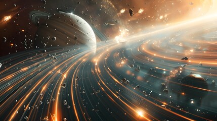 Obraz premium Futuristic Vehicles Speeding Along Saturn s Rings as a Cosmic Highway