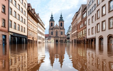 Naklejka premium A historic city square with a cathedral surrounded by rising floodwaters