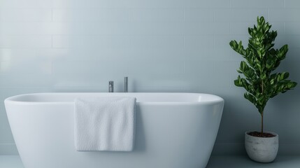 Fototapeta premium Elegant Bathroom with Modern Bathtub and Green Plant
