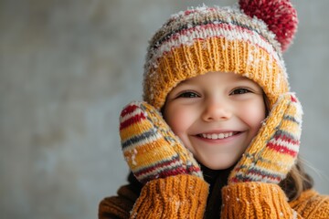 Cheerful child in winter hat and mittens smiling in a cozy indoor setting during snowy weather