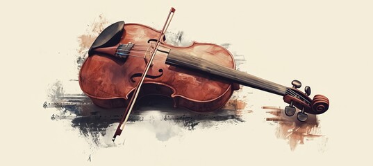 Elegant Wood Violin With Bow on Artistic Background of Music Notes and Colors