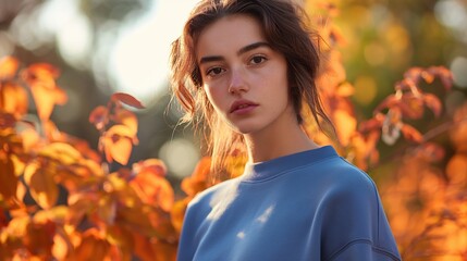 Young Woman in Stylish Blue Sweatshirt Against Autumn-Inspired Background