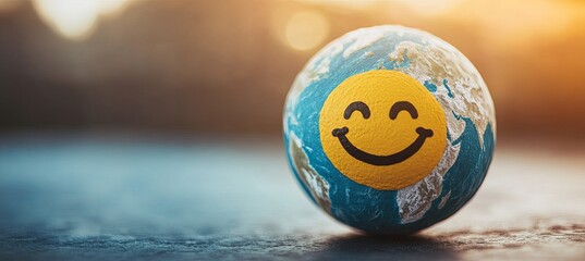 Colorful globe with smiley face emphasizes positivity and care for our planet worldwide