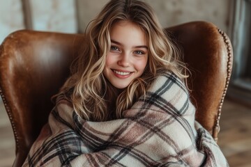 Fototapeta premium Cozy smiling girl wrapped in a warm plaid blanket sitting in a rustic chair indoors