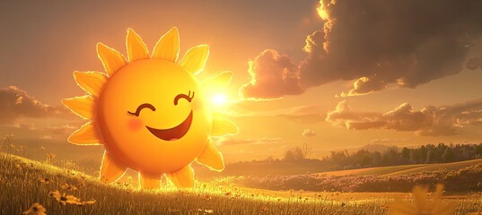 Cheerful animated sun character smiling in a radiant sunset over a grassy field