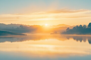 Stunning Sunrise Over a Tranquil Lake Surrounded by Scenic Hills and Trees