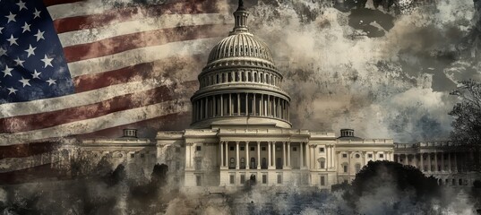 Fototapeta premium Majestic Capitol Building Against a Vintage American Flag Background