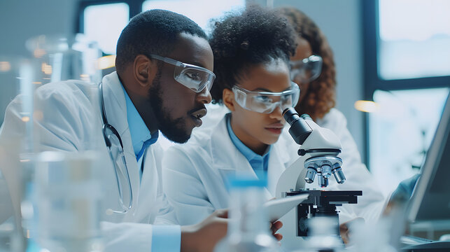 Modern Medical Research Laboratory Portrait of Latin and Black Young Scientists Using Microscope, Digital Tablet, Doing Sample Analysis, Talking. Diverse Team of Specialists work
