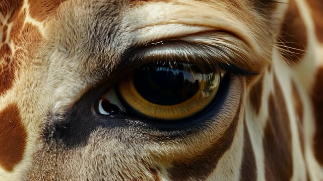 A detailed look at a giraffe&rsquo;s eye showcases rich hues and unique patterns, reflecting its surroundings. The animal stands calmly, inviting curiosity from onlookers