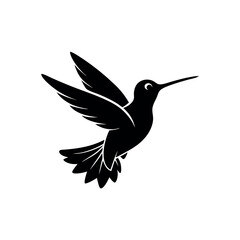 a black silhouette of a hummingbird in flight. The bird is in mid-flight, with its wings spread wide and its body slightly tilted upwards