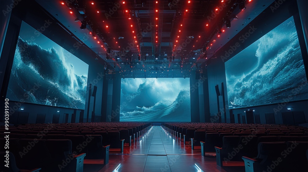 Aufkleber A large theater with all white walls using projectors as backgrounds. The images from the projector are on all 4 walls so both the stage and the audience is surrounded.