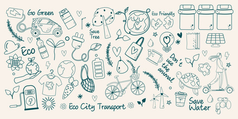 Set outline doodle ecology, bio elements letterings elements
