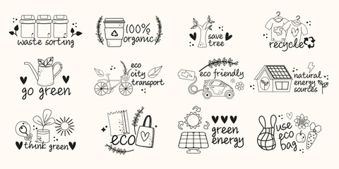Set outline doodle ecology, bio labels badges letterings elements