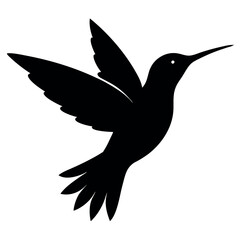 a black silhouette of a hummingbird in flight. The bird is in mid-flight, with its wings spread wide and its body slightly tilted upwards