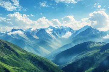 Fototapeta premium A stunning aerial view of the rolling mountain ranges shows clouds rolling over the peaks, creating a beautiful natural landscape.