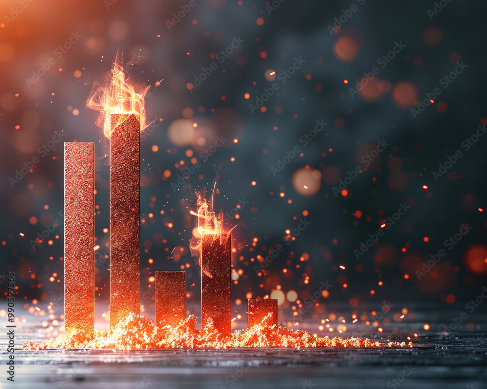 Poster financial bar graph with an explosion of red at the top, risk of investment failure, dark background