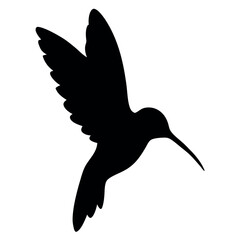 a black silhouette of a hummingbird in flight. The bird is in mid-flight, with its wings spread wide and its body slightly tilted upwards