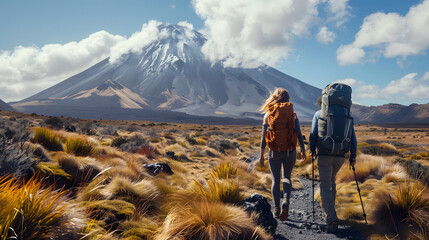 Obraz premium New Zealand Hiking Couple Backpackers Tramping At Tongariro National Park. Male and female hikers hiking by Mount Ngauruhoe. People living healthy active lifestyle outdoors