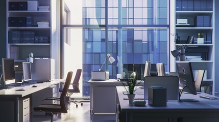 Coworking company empty space. Abstract blurred business background.