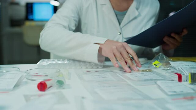 Tilt down shot of female forensic technician in white coat sitting at desk in crime lab, examining evidence collected in plastic bags and writing down notes