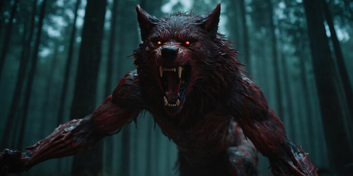 Weird scary Warewolf crimson blood skin, with multiple arms, in scary dark forest. Illustration in genre of horror. Scary monster character