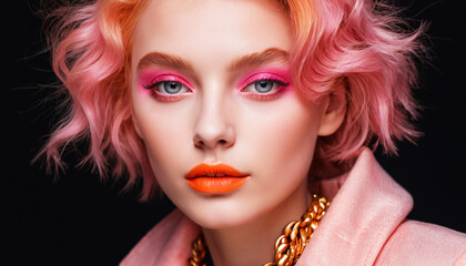 Fototapeta premium a beautiful female model wearing big gold jewelry with beautiful colorful hair, pink dress, orange lipstick, pink eye shadow, on a black background