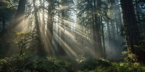 Obraz premium Light In The Dark. Awakening Light Rays in Serene Marin County Forest Landscape