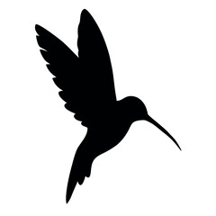 a black silhouette of a hummingbird in flight. The bird is in mid-flight, with its wings spread wide and its body slightly tilted upwards