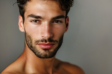 Obraz premium Male Model Face. Athletic and Attractive Man on Grey Background