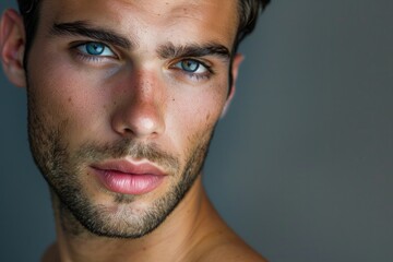 Obraz premium Male Model Face. Handsome Adult Athlete with Beautiful Face on Grey Background