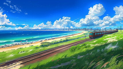 A scenic train journey along the coastline, with bright blue skies, lush grass, and a distant city skyline under fluffy clouds