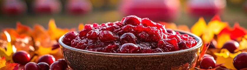 Obraz premium Close-up of a bowl of cranberry sauce surrounded by autumn leaves, capturing the warm essence of fall and the holiday spirit.