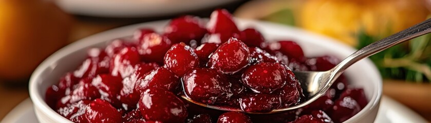 A close-up of a spoonful of homemade cranberry sauce in a white bowl, perfect for a holiday or festive meal.