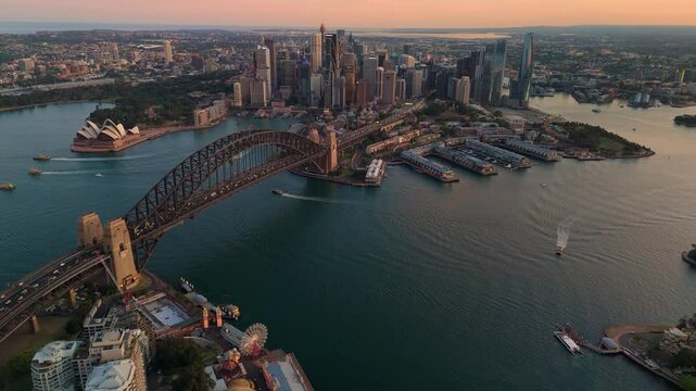 Aerial drone view of Sydney City, the Sydney Harbour and Harbour Bridge above Lavender Bay, NSW Australia on a sunny late afternoon in September 2024